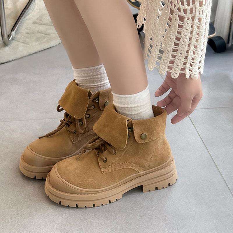 2025 Autumn Ankle Boots For Big Kids Girls,Solid Khaki Apricot Fashion Motorcycle Boots For Woman,Child Turned-over Edge Boots