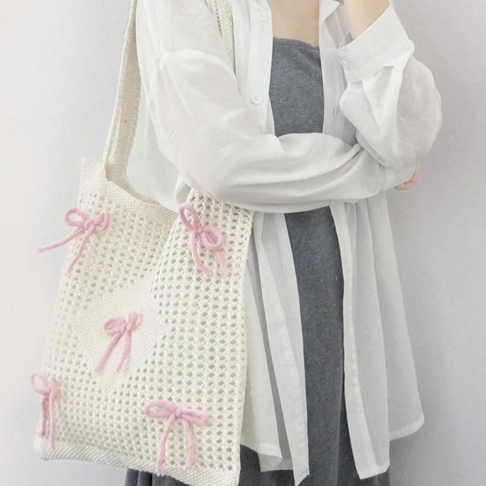 Bowknot Crochet Tote Bag Summer Beach Mesh Knitted Bag Large Aesthetic Shoulder Bag Knit Handbags Hollow Hobo Bag for Women