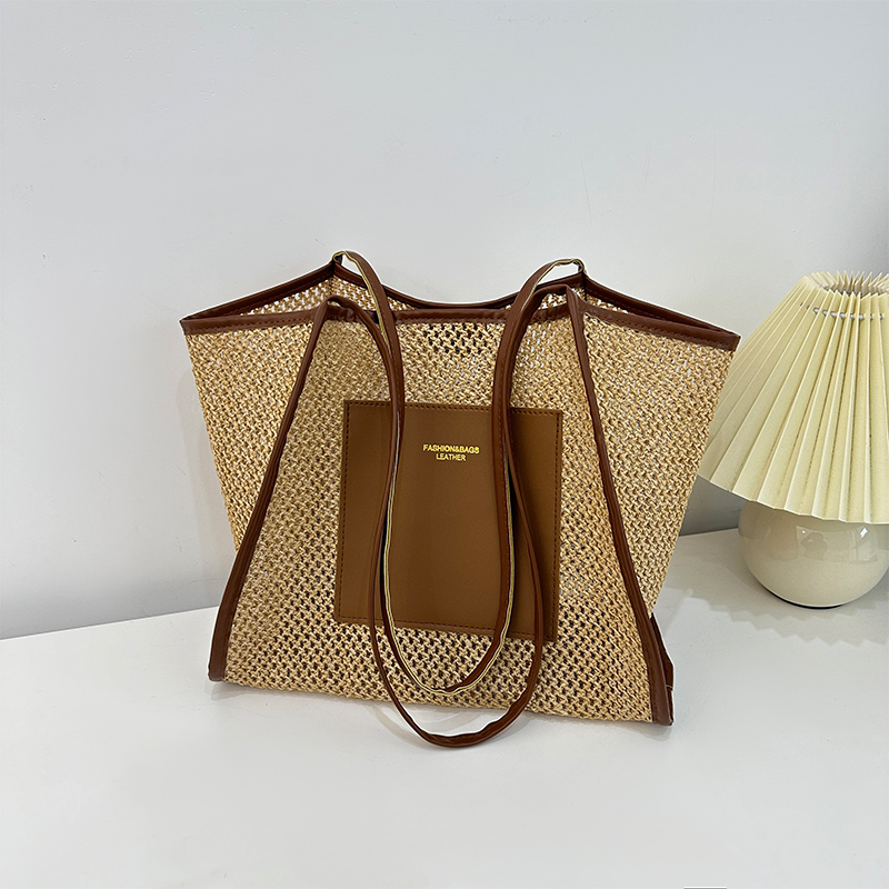 Women Straw Woven Tote Bag Simple Shoulder Purse Large Capacity Mesh Weaving Handbag Hollow Out Handbags Outdoor Travel Bag
