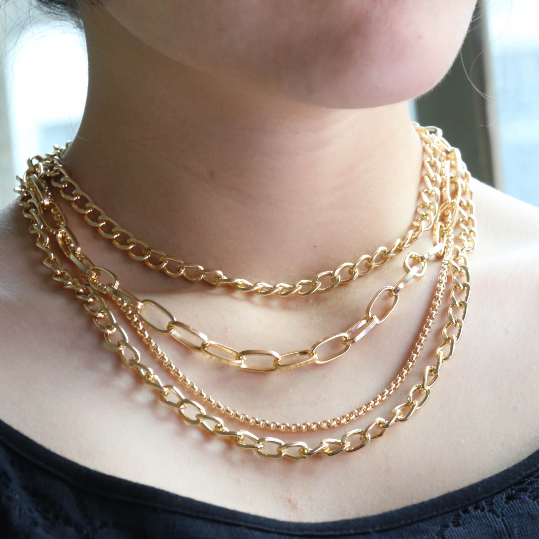 Cross Border New Fashionable Multi-layer Necklace Retro Personality Generous Metal Thick and Thin Chain Necklace Women's Accessories