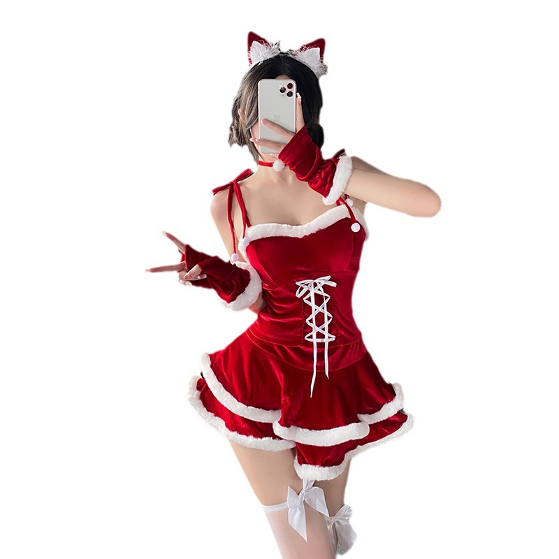Casual Dresses Women Christmas Cosplayer Sexy Christmas Dress Suit Red Short Skirt Rabbit Ear Shawl Cat Maid Cosplay Costume Party Dress Up Festival R