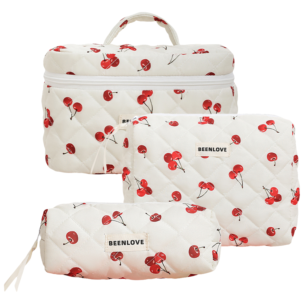3pcs/set Quilted Cotton Storage Bag Cherry/Heart Pattern Women Aesthetic Cosmetic Clutch Bags Japanese Sweet Travel Makeup Pouch