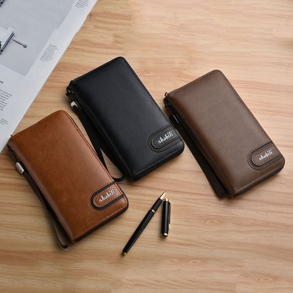 Portable Waterproof Men's Long Wallet with Zipper Oil Wax Leather 2 Fold Wallet Leisure Durable Card Wallet Outdoor