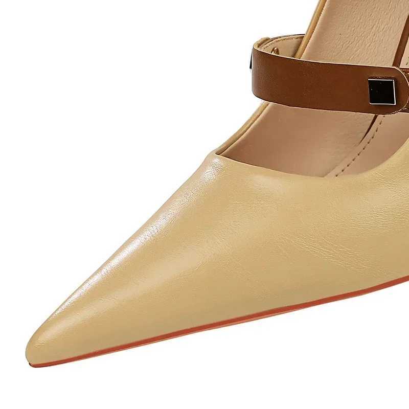 Womens 10cm High H Mixed Pahwork Dark Brown Pumps Lady New Leather Strappy Buckle Thin H Pointed Toe Shoes Y250319
