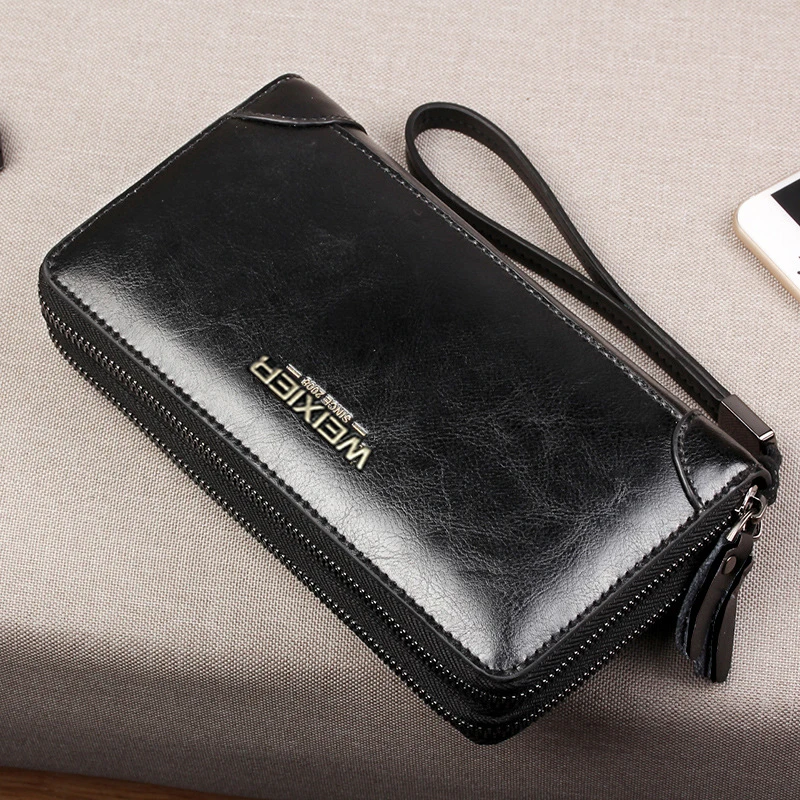Top Men Long Money Wallet 2022 Double Zipper Coin Pocket Men Wallet Purse Casual Business Card Holder Vintage Male Clutch Bag