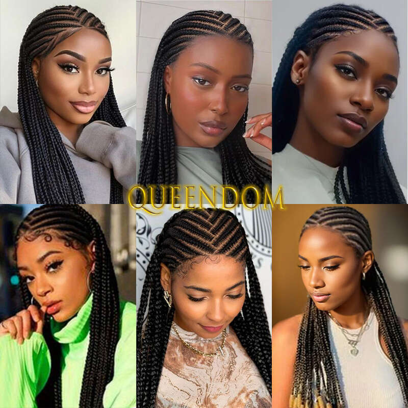 36 Inch Synthetic Braid Lace Frontal Faux Locs Middle Parted Tribal Braids For Black Women Jumbo Box Braided Cornrow Wig