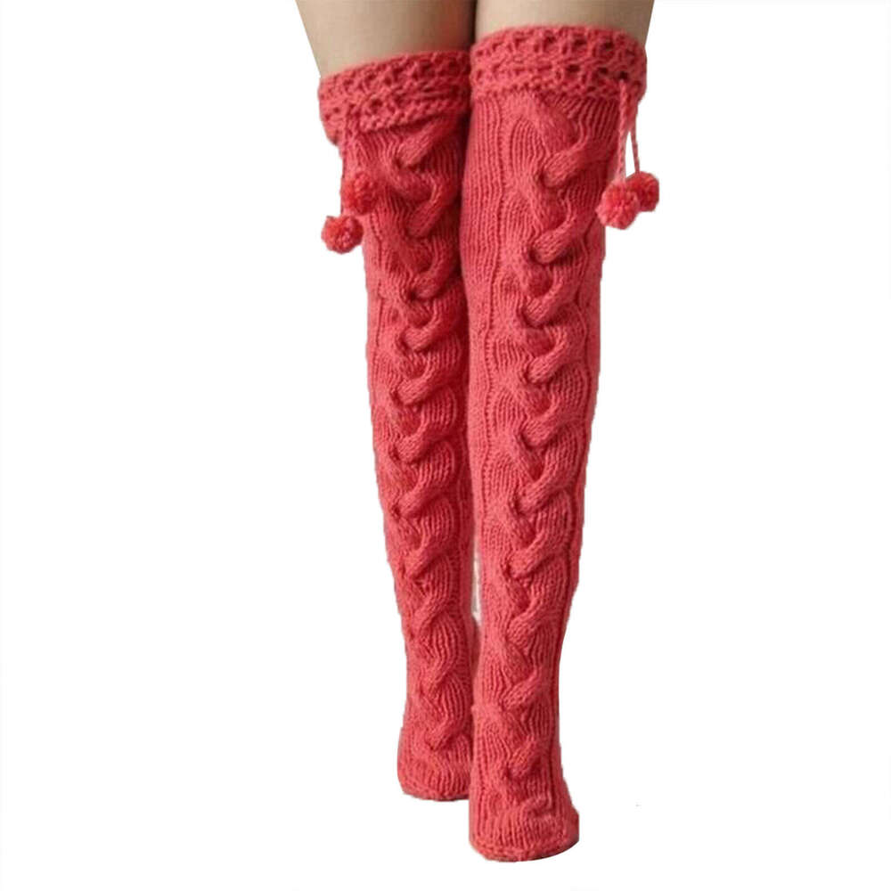 Women S Cable Knit Thigh High Soc With Fuzzy Pom Poms Cozy Over The Knee Winter Stockings Trendy Leg Warmers For Cold
