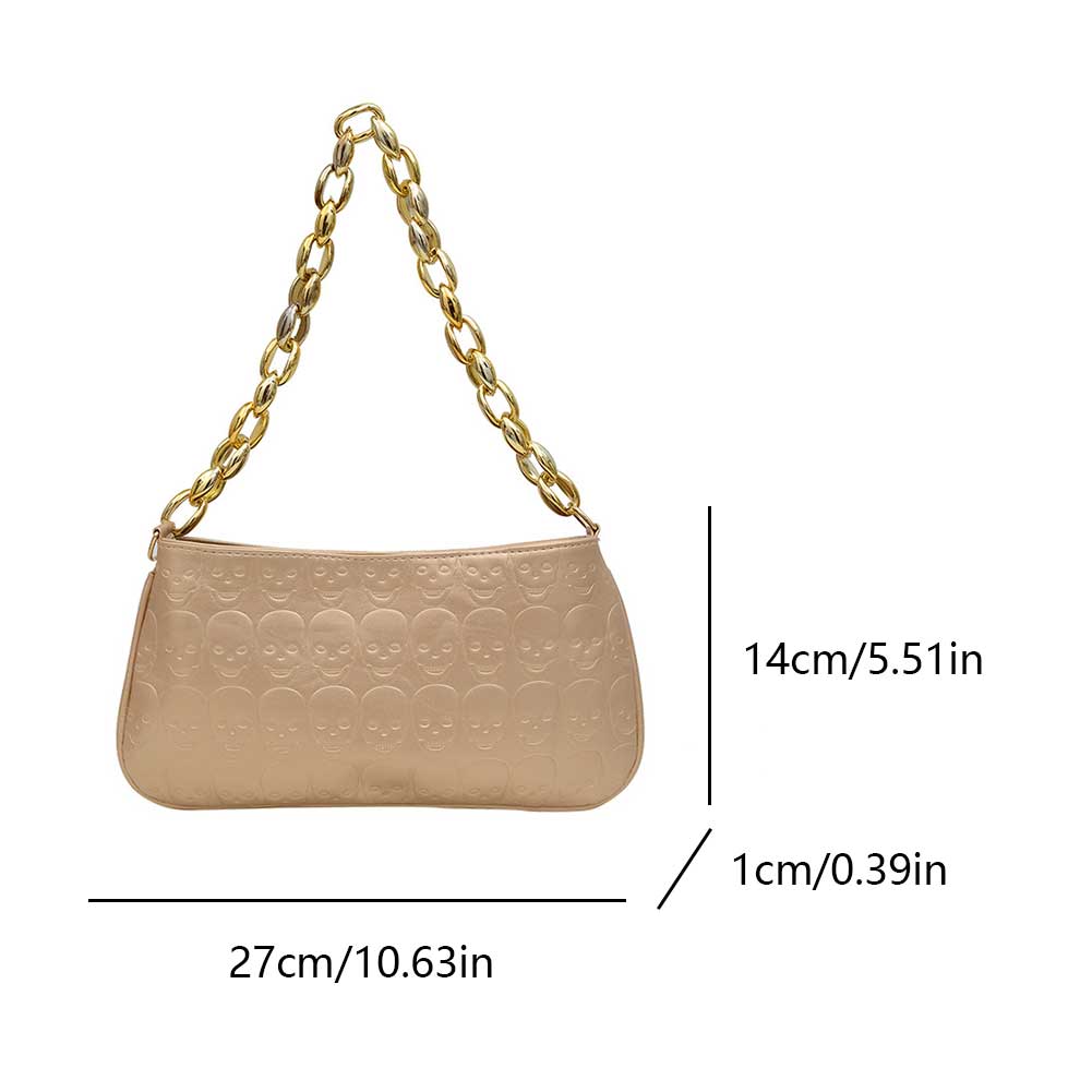 Women Skull Embossed Shoulder Bag PU Leather Skull Chain Underarm Bag Skull Embossed Handbag Ladies Daily Bag
