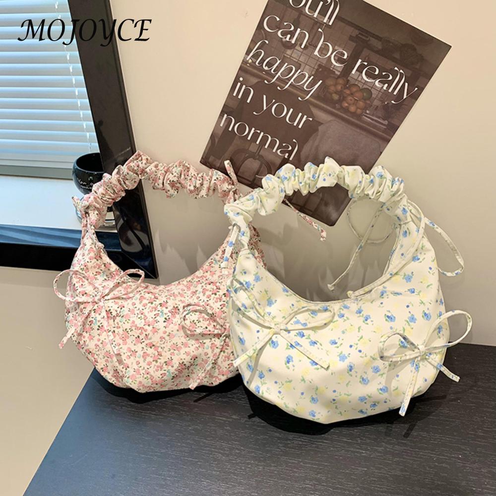 Shoulder Bag for Women Floral Crescent Bag Cloth Bowtie Handbag Ruched Clutch Purse for Commuting Travel