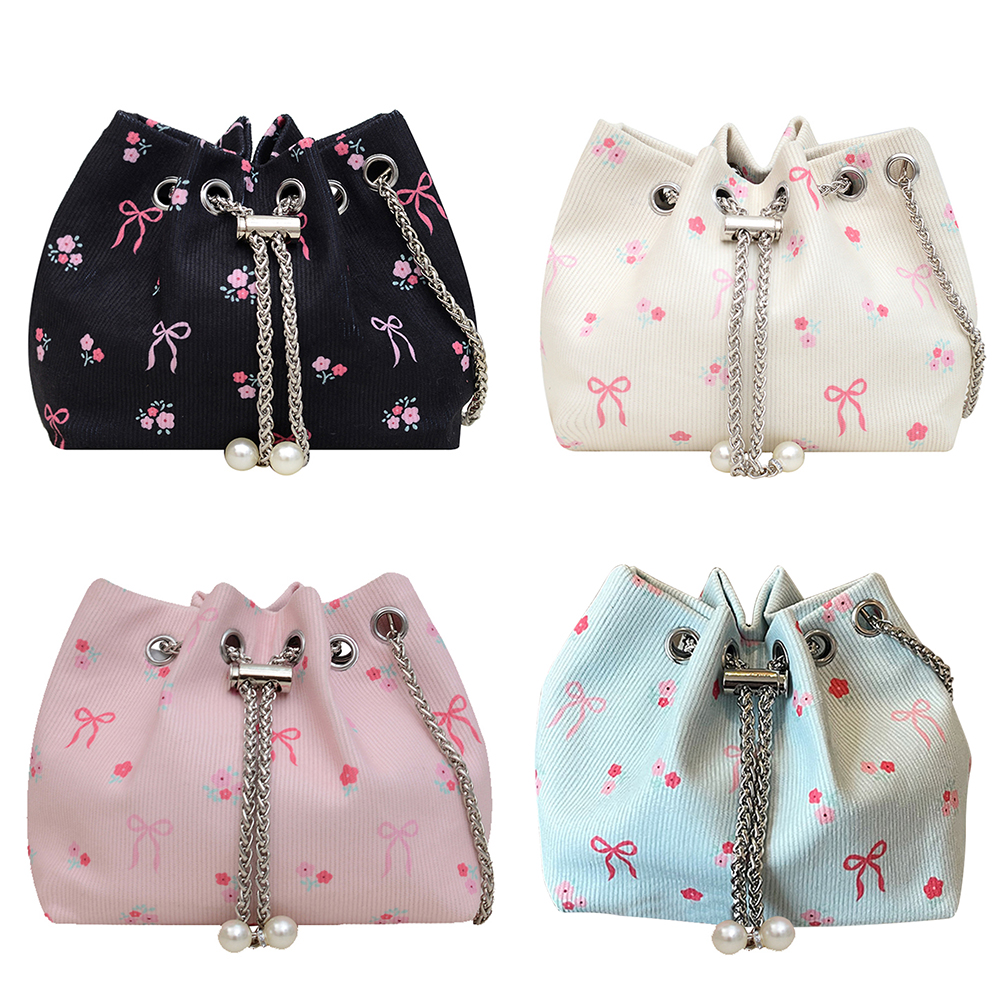 Women Corduroy Bucket Bag Bow Print Shoulder Bag with Chain Crossbody Bag Clutch Purse for Work Travel