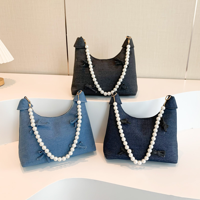 Denim Shoulder Bag Bowknot Women Crescent Bag Pearl Decor Chain Strap Tote Purse for Work Travel
