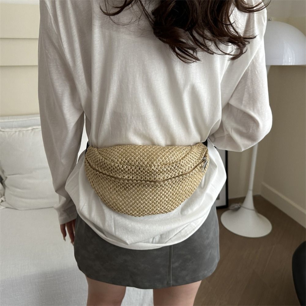 Half Moon Straw Woven Bag Large Capacity Anti-theft Woven Handbag Phone Holder Pocket Phone Bag Adjustable Sports Pouch Hiking