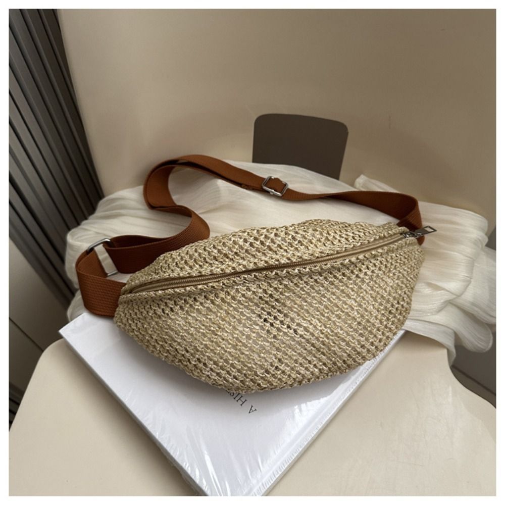 Half Moon Straw Woven Bag Large Capacity Anti-theft Woven Handbag Phone Holder Pocket Phone Bag Adjustable Sports Pouch Hiking