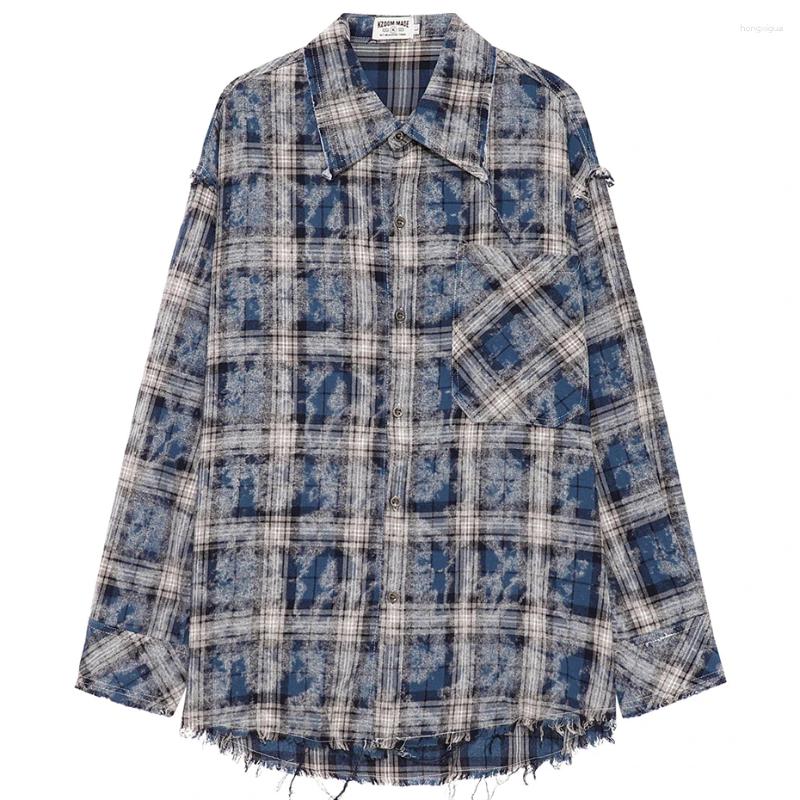 Men's Casual Shirts Hip Hop Streetwear Men Haruku Oversized Long Sleeve Plaid Distressed Tassed Loose Button Up Blouse