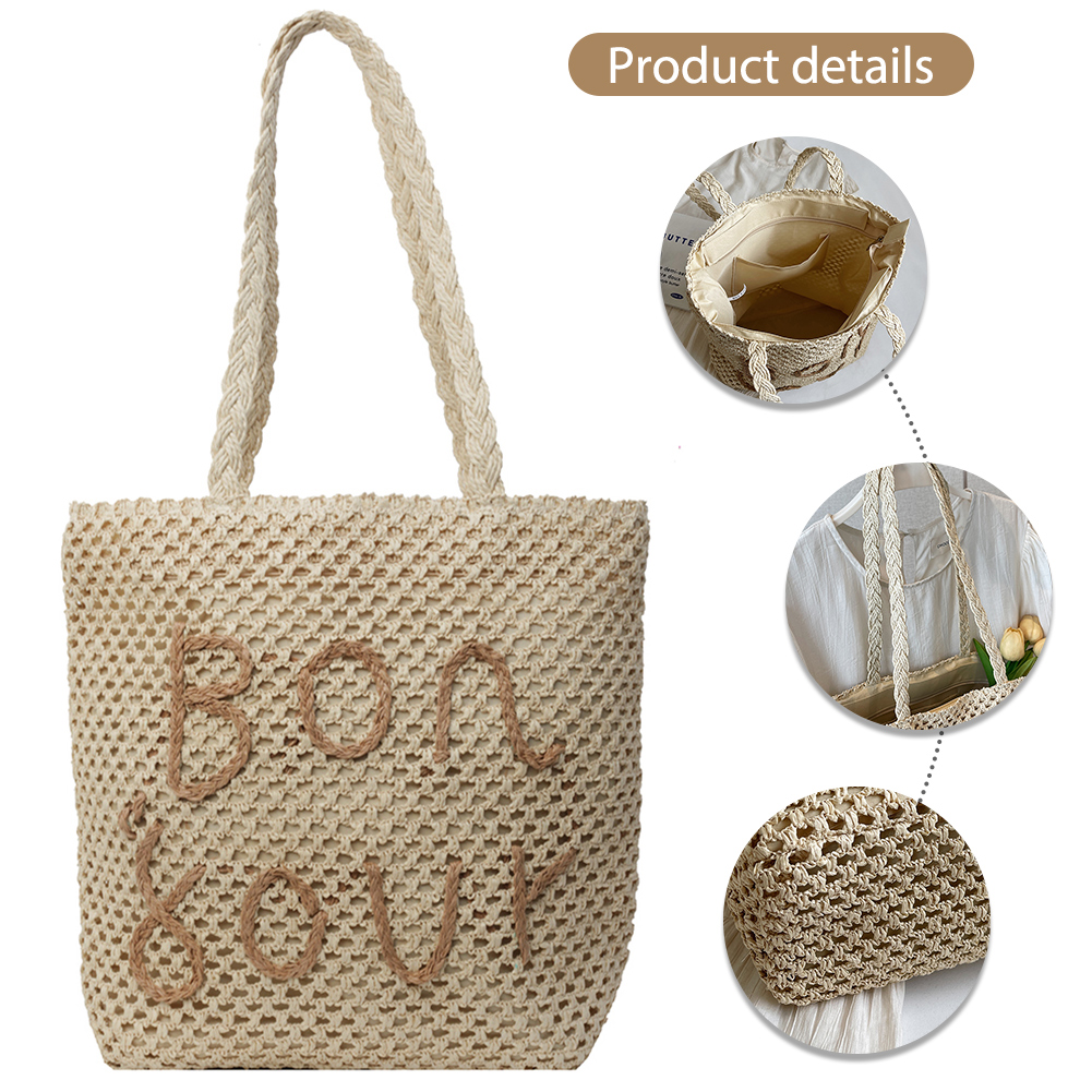Women Letter Tote Handbag Large Capacity Hollow Out Handbag Versatile Crochet Travel Bag Female Straw Shoulder Bag