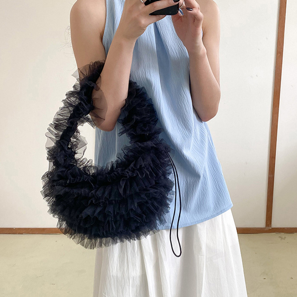 Women Sweet Y2k Lace Pleated Handbag Solid Color Chic Yarn Shoulder Bag Large Capacity Fashion Underarm Bag for Party Wedding