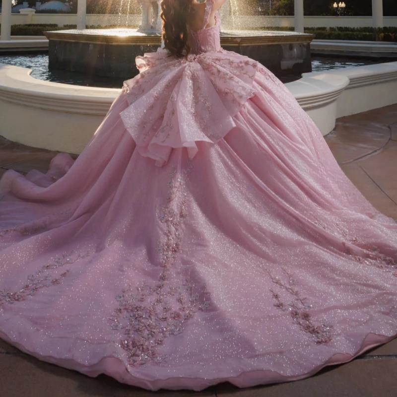 Pink Shiny Ball Gown Quinceanera Dresses Off The Shoulder Appliques Lace Beads Crystal Tull Corset Sweet 16 Dress Vestido De 15 Anos