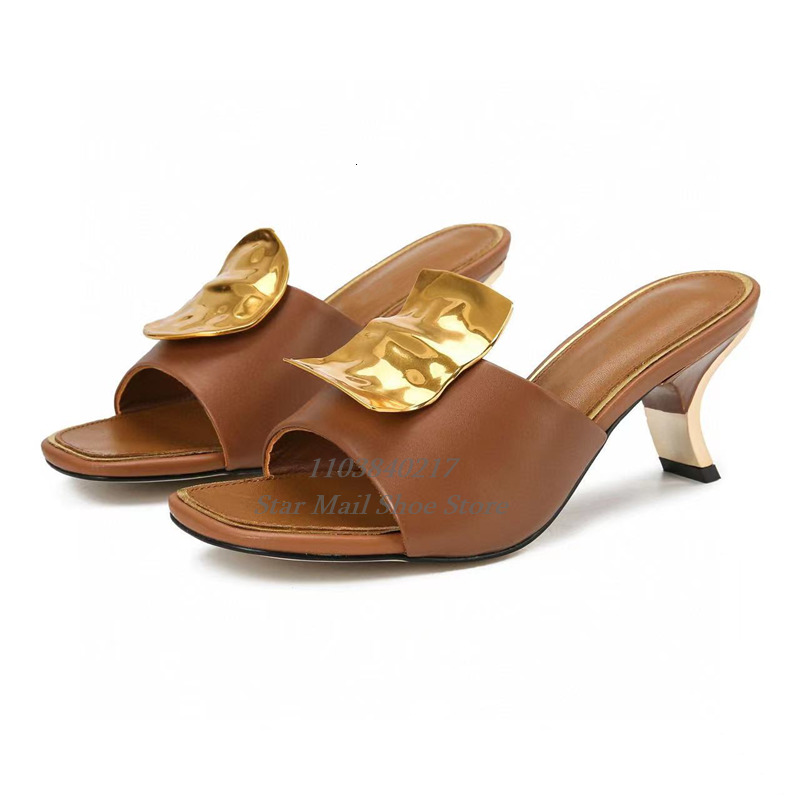 Sexy Peep Square Toe Metal Decorated Strange Style Medium Heel Slippers Novel Street Women Sgback Sandals