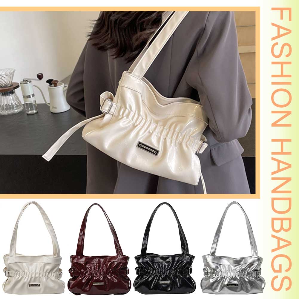 Women PU Fashion Shoulder Bag Large Capacity Pleated Underarm Bag Ruched Handbag Solid Color Chic Hobo Bag for Party Vacation