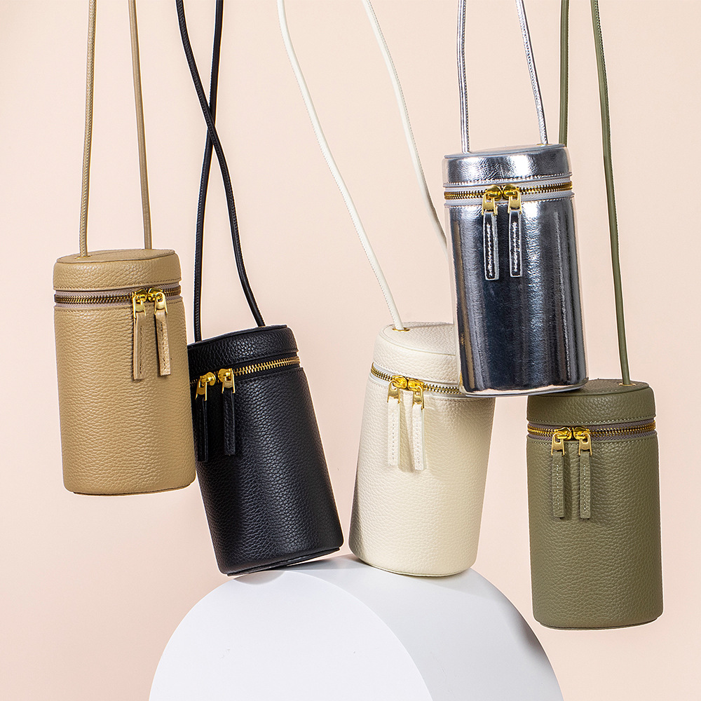 Top layer cowhide versatile bucket niche crossbody fashionable cylindrical bag, genuine leather shoulder bag