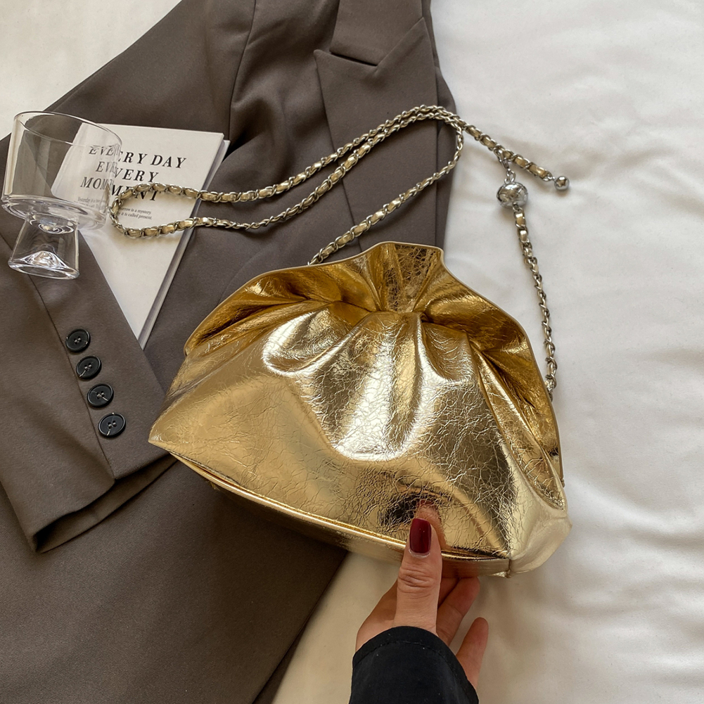Women PU Leather Evening Bag Ruched Formal Handbag with Detachable Chain Crossbody Bag Dressy Wedding Prom Party Purse