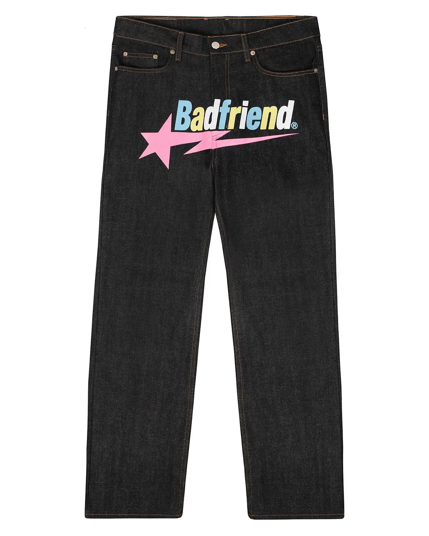 Mens Women Harajuku Punk Rock Wide leg Denim Trousers Streetwear Y2k Jeans Hip Hop Badfriend Letter Print Baggy Black Pants 240425
