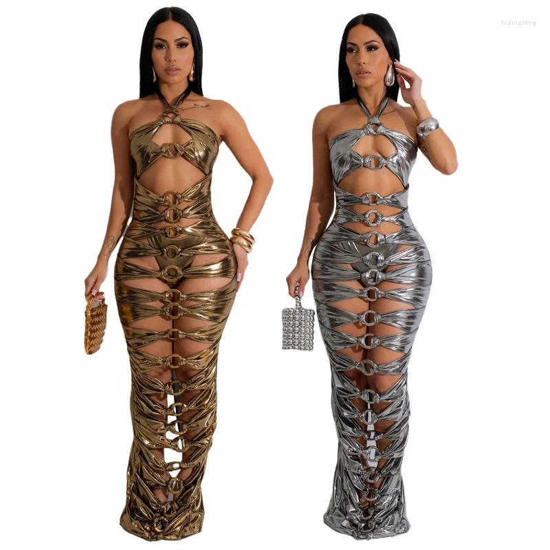 Casual Dresses Metallic Party Night Long Dress Women Y2K Clubwear Halter Backless Hollow Out Sheath Metal Ring Bandage Bodycon Maxi