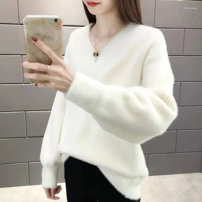 Women's Sweaters Winter V-Neck Sweater Pullover Loose Fit Korean Style Thickened Knit Outerwear Base Layer Top Trendy