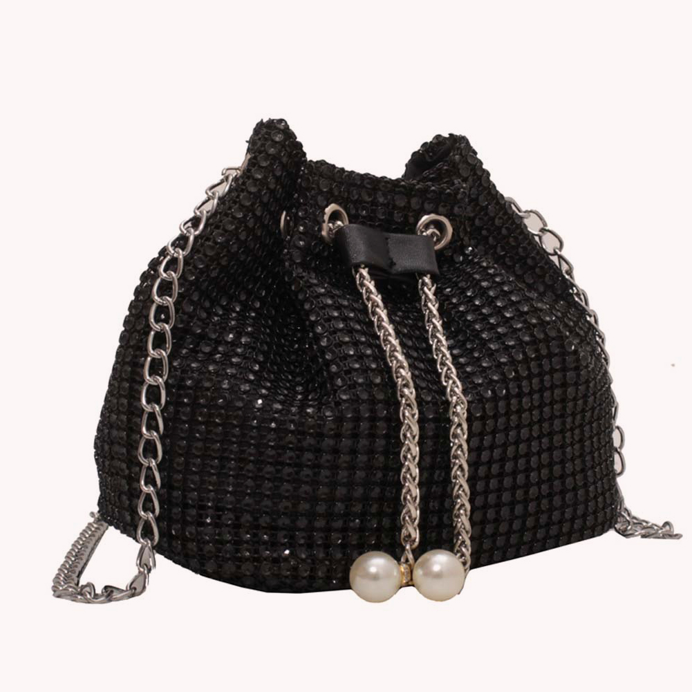 Women Chain Crossbody Bag Solid Color Rhinestone Luxury Shoulder Bag Drawstring Fashion Bucket Bag Female Dating Bag