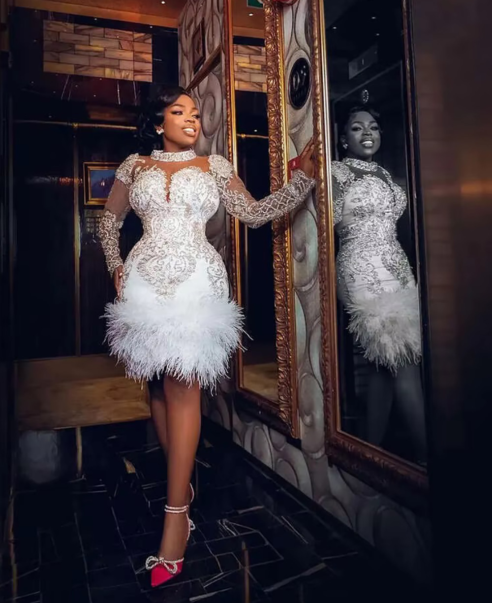 Customized Aso Size Plus Ebi Mermaid Arabic Luxurious Short Wedding Dress Beaded Crystals Feather Bridal Gowns Dresses