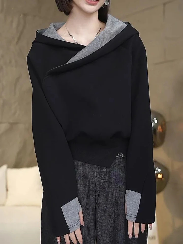 Asymmetric Loose Short Womens Hoodie Trendy High Street Style Autumn Fashionable Female Outdoor Versatile Top 241108