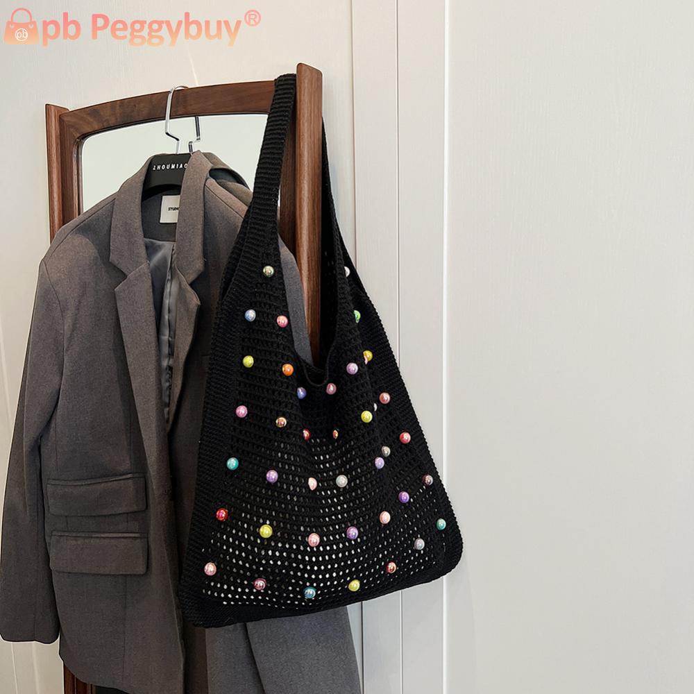 Women Crochet Shoulder Bag Knitted Tote Bag Large Capacity Fashion Tote Handbags with Colorful Pearls Outdoor Travel Bag