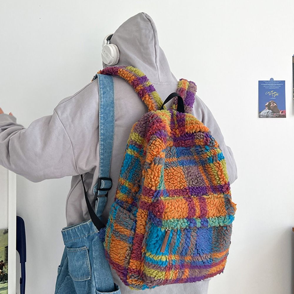 Korean Style Colorful Plaid Backpack Strip Large Capacity Lamb Fleece Backpack Geometric Preppy Trendy Shoulder Bag Outdoor