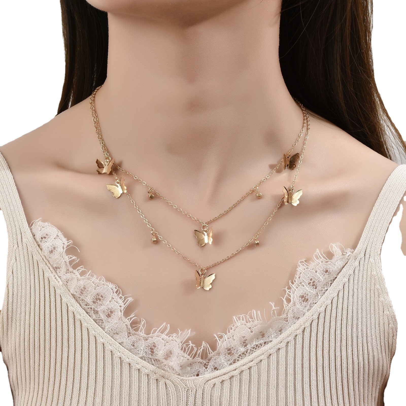 European and American Geometric Vacation Style Butterfly Necklace Women's Cross-border Fashion Simple Pendant Jewelry Copper Bead Pendant Multi-l