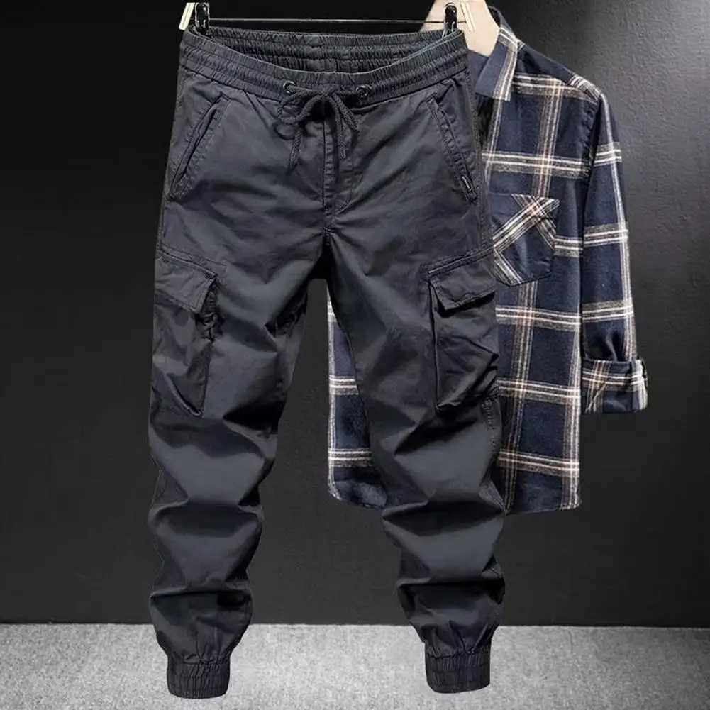 Loose Straight Pants Mens Drawstring Cargo Pants with Elastic Waist Multi Pockets Ankle-banded Design for Daily Sports LX241107