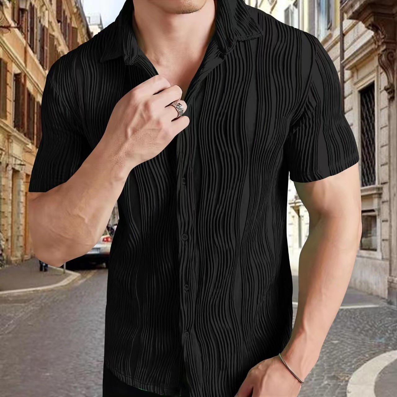 Mens Solid Color Wave Textured Button Up Short Sleeves Shirt 240816