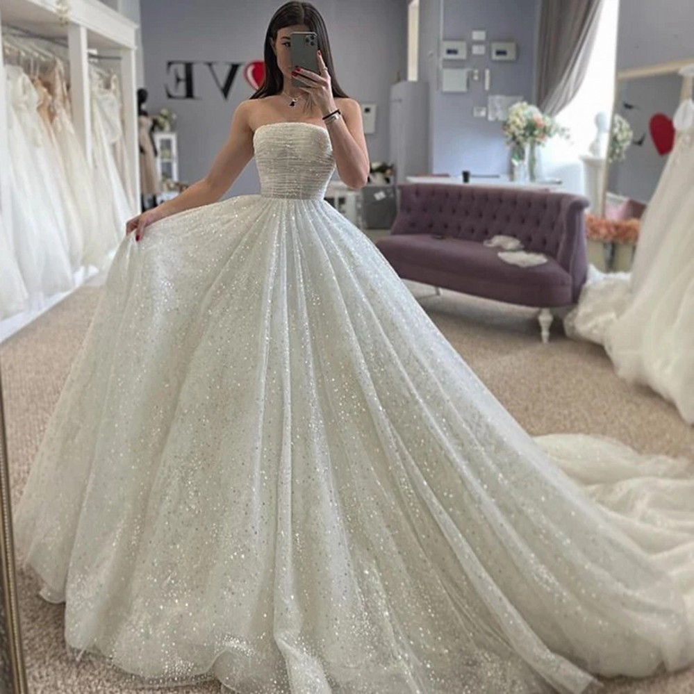 2024 Glitter Princess Wedding Dress Pleated Strapless Sequins Beads Lace Up A-Line Bridal Bride Gowns Vestido De Novia Mariage