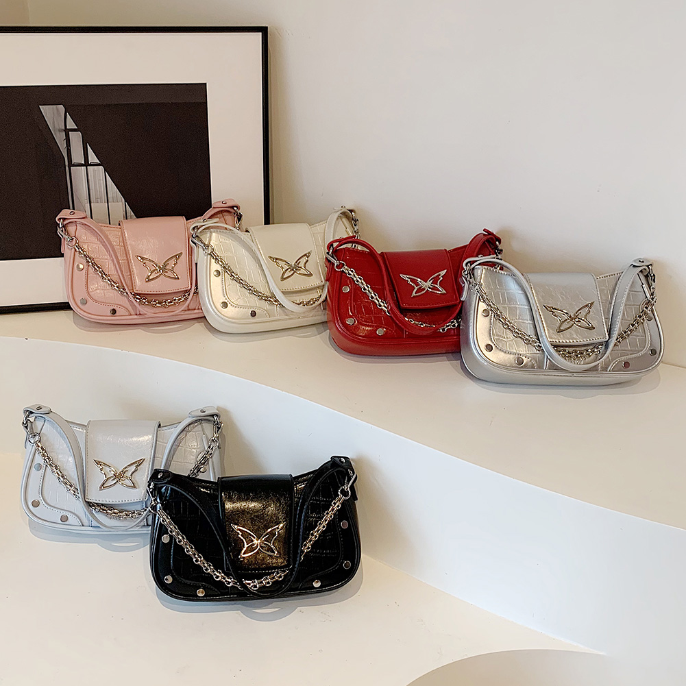 Women PU Leather Crossbody Bag Butterfly Pattern Y2k Handbag with Chain Hobo Bag Adjustable Strap Satchel Purse for Work Travel