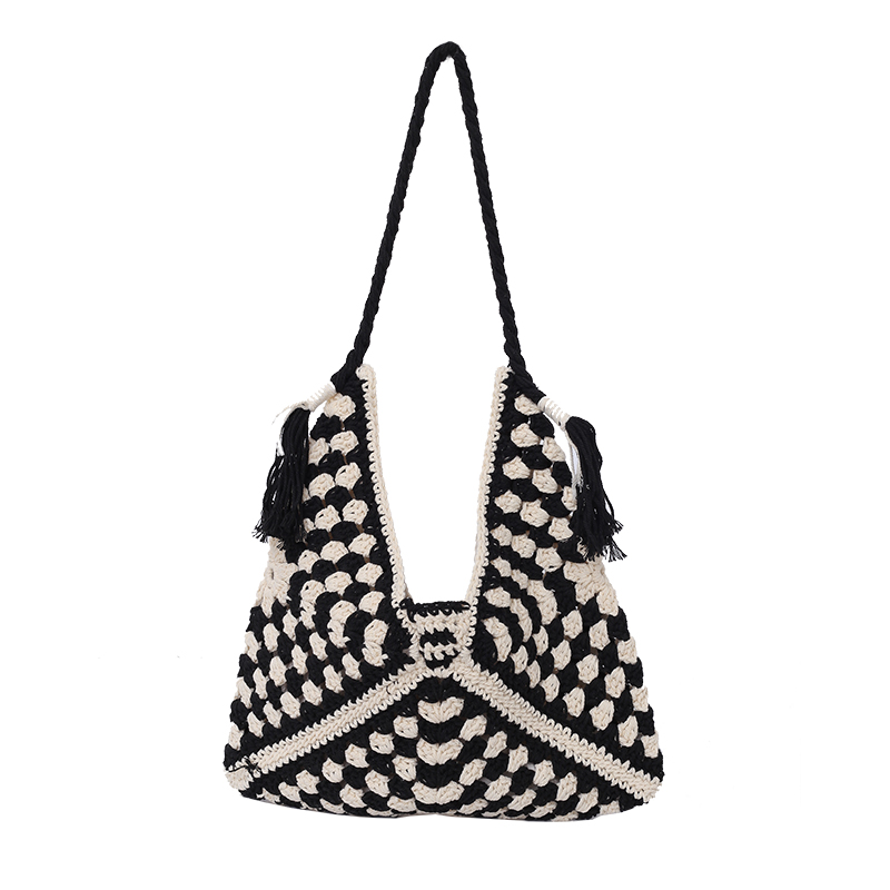 Women Weaving Shoulder Bag Large Capacity Beach Tote Bag Contrast Color Aesthetic Shoulder Bag Female Outdoor Bag