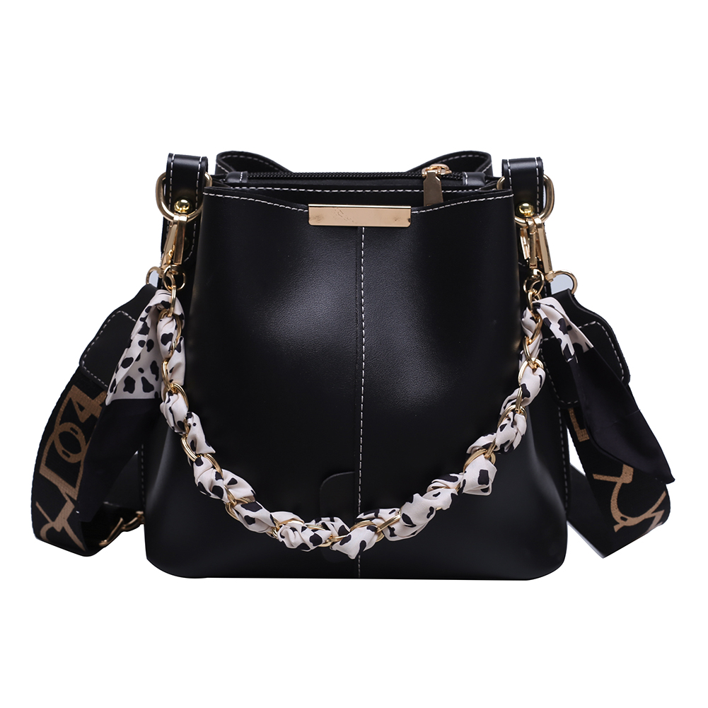 Luxury Chain Bucket Bag PU Leather Fashion Handbag Large Capacity Top Handle Bag with Wide Strap for Women
