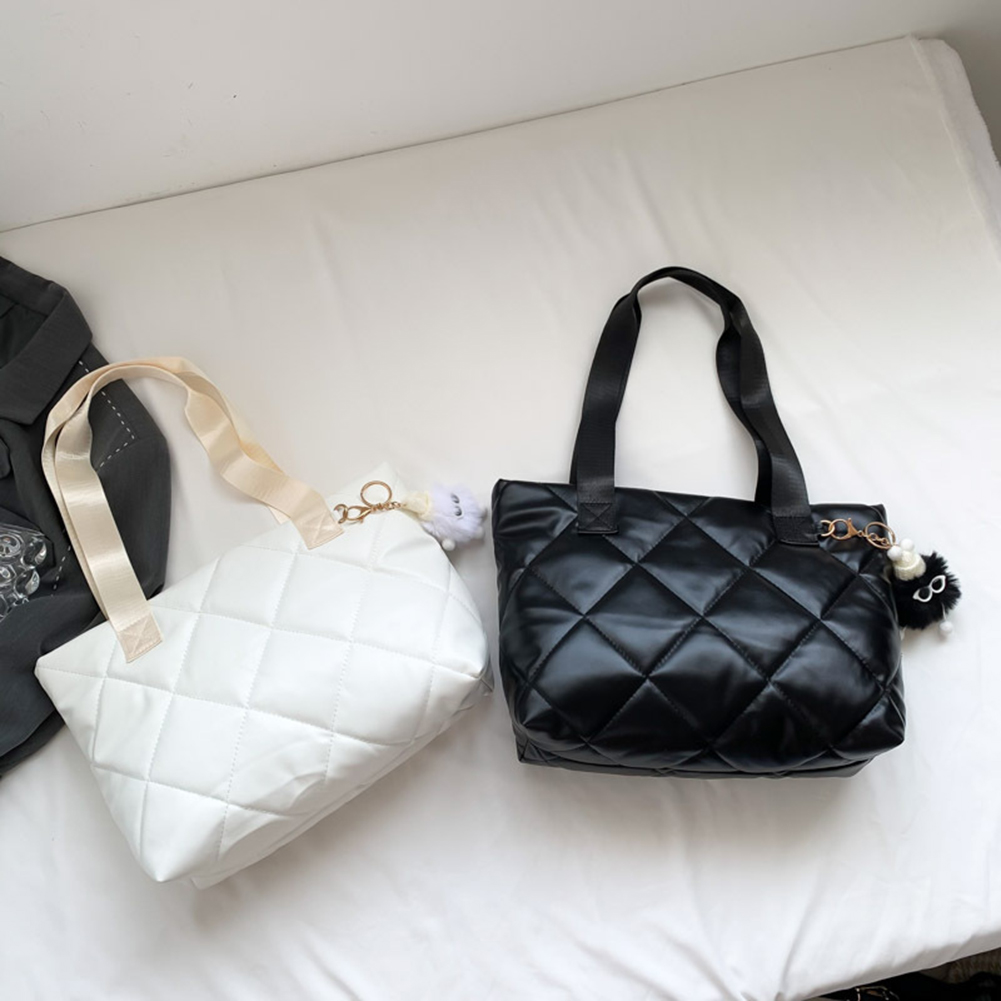 Women Puffy Top Handle Bag Large Capacity Quilted Simple Padded Bag Lightweight PU Leather with Pendant Girls Leisure Winter Bag