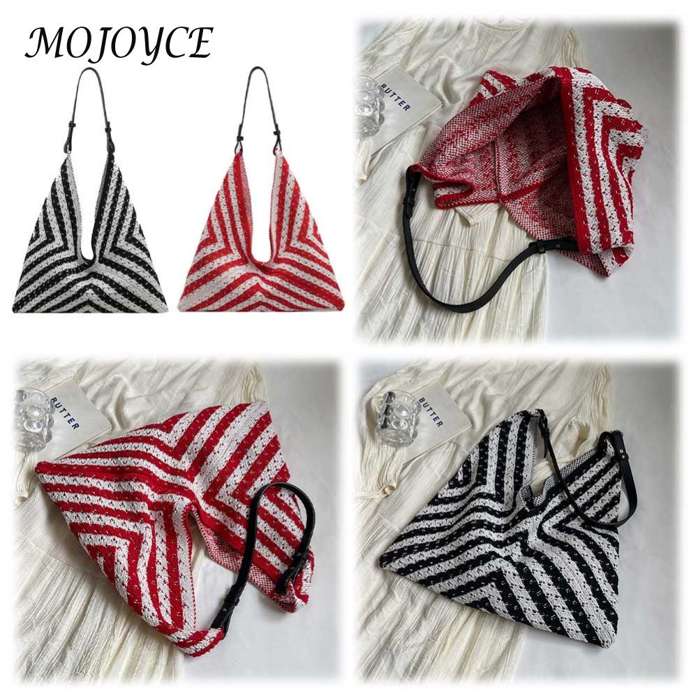 Women Knitted Tote Bag Black and White Summer Beach Bag Geometric with PU Strap Hobo Bag for Travel Vacation Holiday