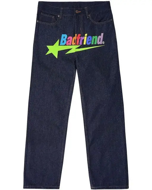 Mens Women Harajuku Punk Rock Wide leg Denim Trousers Streetwear Y2k Jeans Hip Hop Badfriend Letter Print Baggy Black Pants 240425