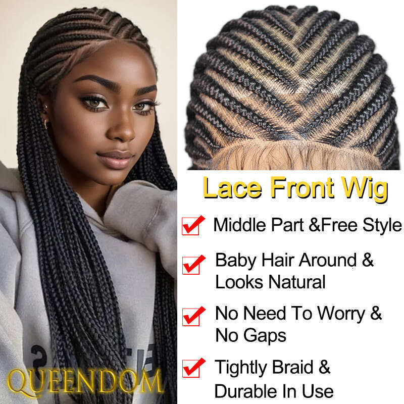 36 Inch Synthetic Braid Lace Frontal Faux Locs Middle Parted Tribal Braids For Black Women Jumbo Box Braided Cornrow Wig