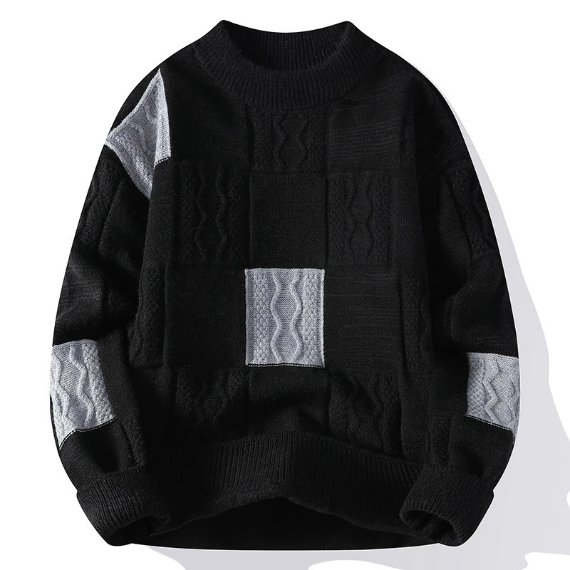 Winter Warm Casual Pullover Sweater Colorblock Hip-hop Men Streetwear Crewneck Knitted Fashion Autumn Knitwear Jumper 241108