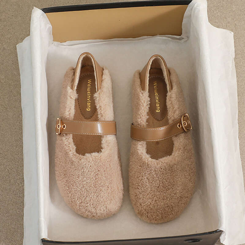 White Lambwool Flat shoes woman leather patchwork ankle belt masy janes winter fur flats round toe furry moccasins