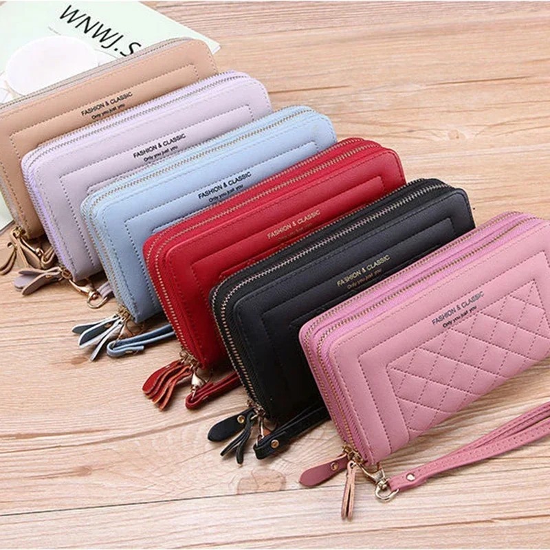 Wallets for Women High Quality Long Pink Wallets Double Zipper PU Leather Clutch Luxury Money Phone Bag Carteras Para Mujeres