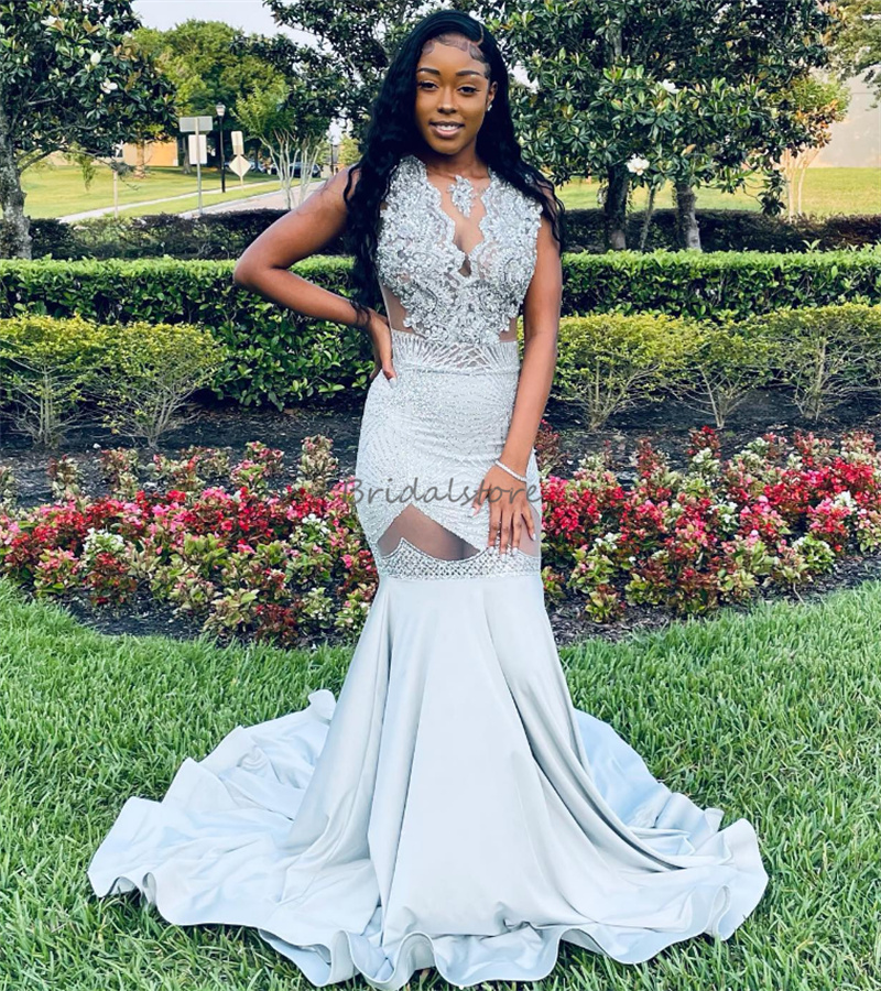 Sparkly Silver Sequin Prom Dress For Black Girls Sexy V Neck Mermaid Evening Dresses Plus Size Satin Applique Lace Formal Party Dress 2024 vestido de 