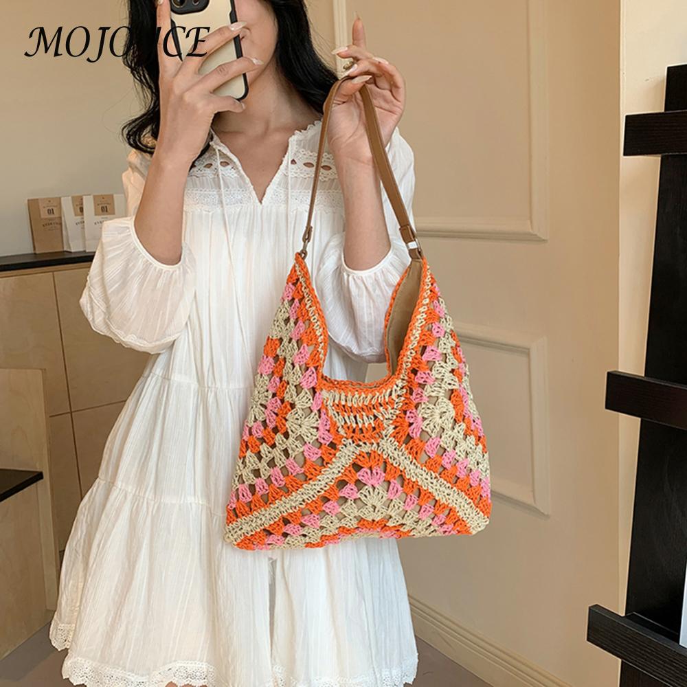 Women Stylish Granny Bag Large Capacity Crochet Hobo Bags Hollow Out Handbags Patchwork Hasp Closure for Outdoor Travel