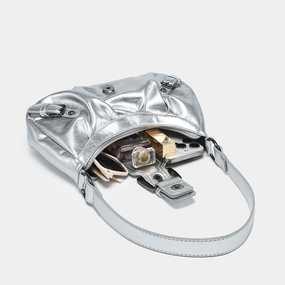 Women Shoulder Bag Y2K PU Leather Crescent Bag Pleated Underarm Purse Magnetic Closure Clutch Purse Travel Commuter Bag